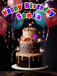 Happy Birthday Sonia GIF: Beautiful birthday cake animated gif, a celebration of balloons, confetti, and sparklers. Customize banner and name.