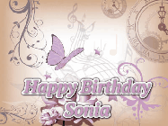 Happy Birthday Sonia GIF: Classical birthday gif background with colorful musical notes floating past and a name you can customize, reads Happy Birthday.