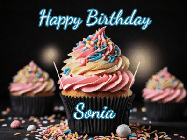 Happy Birthday Sonia GIF: A delicious cupcake gif with animated sparkles reading Happy Birthday with a name to customize