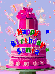 Happy Birthday Sonia GIF: A big beautiful birthday cake gif with falling confetti, sparklers, and balloons, reads Happy Birthday Name. Customize it.