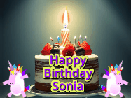 Happy Birthday Sonia GIF: An animated gif with 2 unicorns and a birthday candle on a cake.