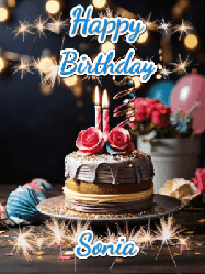 Happy Birthday Sonia GIF: Sparkles and glitter happy birthday gif with a cake and flickering candles and sparklers behind the words happy birthday customize