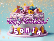 Happy Birthday Sonia GIF: A beautiful birthday cake gif with animated sparkles and glitter Happy Birthday Name you can customize