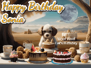 Happy Birthday Sonia GIF: Animated birthday gif with a dog at a fancy birthday table loaded with cakes as hearts appear. It reads Happy Birthday Customize.
