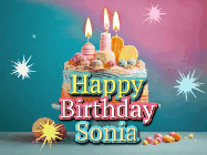 Happy Birthday Sonia GIF: A colorful animated Happy Birthday Cake GIF with swirling sparkles and flickering candles. It reads Happy Birthday Name