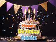 Happy Birthday Sonia GIF: Happy birthday cake animated gif with flickering candles, animated text, and falling confetti. Customize text reading Happy Birthday Customize.