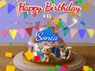 Happy Birthday Sonia GIF: Happy Birthday Cake GIF with a cat, lamb, and squirrel on the cake with flickering candles, a sparkler, and falling confetti. Reads Happy Birthday Name and you can customize the name