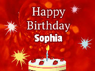 Happy Birthday Sophia GIF: A bright red happy birthday gif animated with a cake candle, and glitter and sparkles. Customize with name.