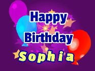 Happy Birthday Sophia GIF: A lovely purple birthday gif animated with moving text, a balloon, and bubbles. Customize it.