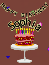 Happy Birthday Sophia GIF: Animated birthday gif of a chocolate cartoon cake and stars. Animated text can be customized with name.