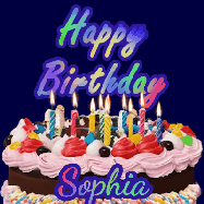 Happy Birthday Sophia GIF: A dark blue birthday gif with a beautiful cake with flickering candles, background sparkles and a name to customize.