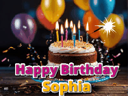 Happy Birthday Sophia GIF: A birthday cake with flickering candles gif with text reading Happy Birthday and a Name slot to customize