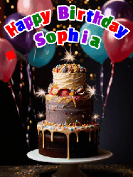 Happy Birthday Sophia GIF: Beautiful birthday cake animated gif, a celebration of balloons, confetti, and sparklers. Customize banner and name.