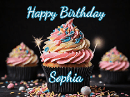 Happy Birthday Sophia GIF: A delicious cupcake gif with animated sparkles reading Happy Birthday with a name to customize