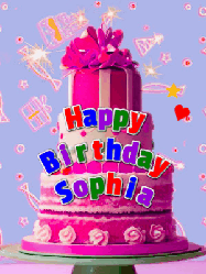 Happy Birthday Sophia GIF: A big beautiful birthday cake gif with falling confetti, sparklers, and balloons, reads Happy Birthday Name. Customize it.