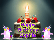 Happy Birthday Sophia GIF: An animated gif with 2 unicorns and a birthday candle on a cake.