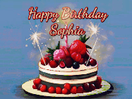 Happy Birthday Sophia GIF: Animated GIF of a birthday cake covered in berries with 2 sparklers and a candle, reads Happy Birthday Name. Customize it.