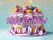 Happy Birthday Sophia GIF: A beautiful birthday cake gif with animated sparkles and glitter Happy Birthday Name you can customize