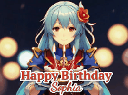 Happy Birthday Sophia GIF: Anime girl holding a birthday cake and an animated sword falls into it. Text reads Happy Birthday Customize