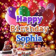 Happy Birthday Sophia GIF: Animated happy birthday gif on a bright red glittery background and 3 lines of text reading Happy Birthday Customize
