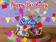 Happy Birthday Sophia GIF: Happy Birthday Cake GIF with a cat, lamb, and squirrel on the cake with flickering candles, a sparkler, and falling confetti. Reads Happy Birthday Name and you can customize the name