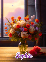Happy Birthday Sophia GIF: A vase of flowers and animated hearts pop in and out as the words Happy Birthday Name appears that you can customize
