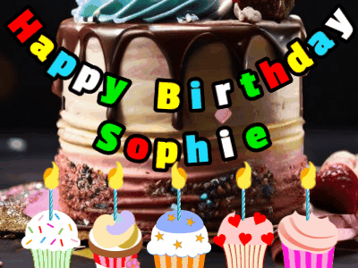 Happy Birthday Sophie animated gif with joyful motifs and moving elements