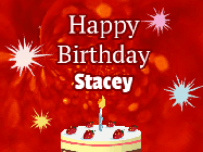 Happy Birthday Stacey GIF: A bright red happy birthday gif animated with a cake candle, and glitter and sparkles. Customize with name.