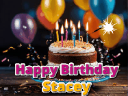 Happy Birthday Stacey GIF: A birthday cake with flickering candles gif with text reading Happy Birthday and a Name slot to customize