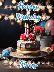 Happy Birthday Stacey GIF: Sparkles and glitter happy birthday gif with a cake and flickering candles and sparklers behind the words happy birthday customize