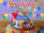 Happy Birthday Stacey GIF: Happy Birthday Cake GIF with a cat, lamb, and squirrel on the cake with flickering candles, a sparkler, and falling confetti. Reads Happy Birthday Name and you can customize the name