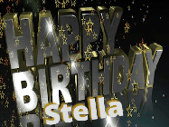 Happy Birthday Stella GIF: Happy birthday animated gif with fancy gold and silver text and star popping in and out. Customize name.
