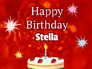 Happy Birthday Stella GIF: A bright red happy birthday gif animated with a cake candle, and glitter and sparkles. Customize with name.