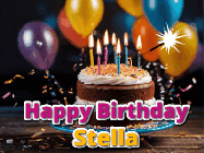 Happy Birthday Stella GIF: A birthday cake with flickering candles gif with text reading Happy Birthday and a Name slot to customize
