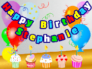Happy Birthday Stephanie GIF: Animated happy birthday gif with a party balloon background, a row of cupcakes, and birthday banner to customize.