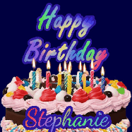 Happy Birthday Stephanie GIF: A dark blue birthday gif with a beautiful cake with flickering candles, background sparkles and a name to customize.