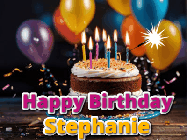 Happy Birthday Stephanie GIF: A birthday cake with flickering candles gif with text reading Happy Birthday and a Name slot to customize