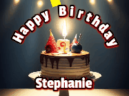 Happy Birthday Stephanie GIF: Animated happy birthday gif with a cake and flickering candles with colorful falling confetti and text reading Happy Birthday