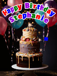 Happy Birthday Stephanie GIF: Beautiful birthday cake animated gif, a celebration of balloons, confetti, and sparklers. Customize banner and name.