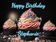Happy Birthday Stephanie GIF: A delicious cupcake gif with animated sparkles reading Happy Birthday with a name to customize