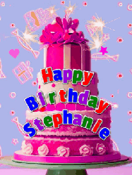 Happy Birthday Stephanie GIF: A big beautiful birthday cake gif with falling confetti, sparklers, and balloons, reads Happy Birthday Name. Customize it.