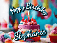 Happy Birthday Stephanie GIF: Animated Happy Birthday Gif reading Happy Birthday Customize. Depicts a colorful birthday with flickering candles and glitter.