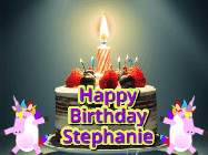 Happy Birthday Stephanie GIF: An animated gif with 2 unicorns and a birthday candle on a cake.