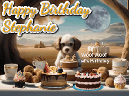 Happy Birthday Stephanie GIF: Animated birthday gif with a dog at a fancy birthday table loaded with cakes as hearts appear. It reads Happy Birthday Customize.