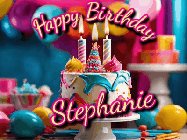Happy Birthday Stephanie GIF: Animated birthday gif with a beautiful colorful birthday can and sparkles in the air. It reads Happy Birthday Customize.