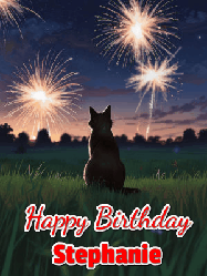 Happy Birthday Stephanie GIF: An animated gif at night showing the backside of a sitting cat who watches sparkle and fireworks over a meadow. Customize name and happy birthday.