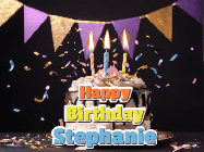 Happy Birthday Stephanie GIF: Happy birthday cake animated gif with flickering candles, animated text, and falling confetti. Customize text reading Happy Birthday Customize.