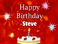 Happy Birthday Steve GIF: A bright red happy birthday gif animated with a cake candle, and glitter and sparkles. Customize with name.