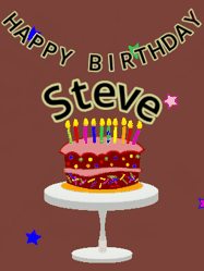 Happy Birthday Steve GIF: Animated birthday gif of a chocolate cartoon cake and stars. Animated text can be customized with name.
