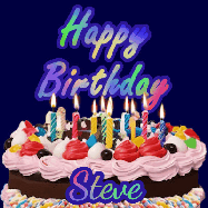 Happy Birthday Steve GIF: A dark blue birthday gif with a beautiful cake with flickering candles, background sparkles and a name to customize.